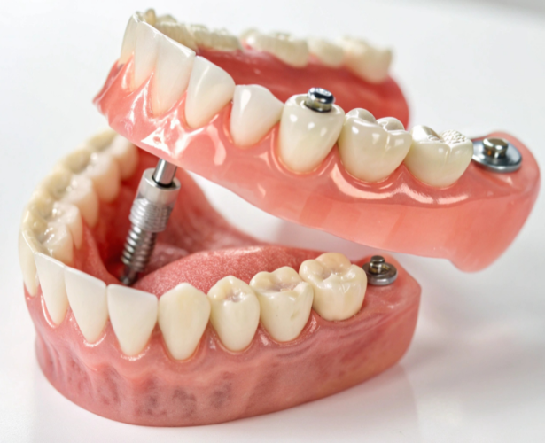 Close-up of implant-supported dentures