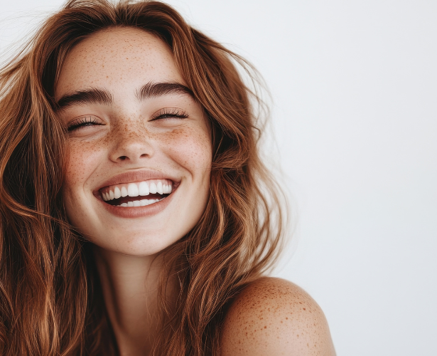 Young woman with freckles smiling with bright, natural-looking teeth